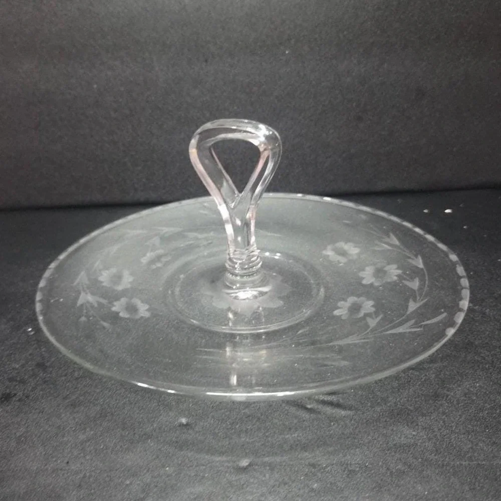 Etched Floral Tidbit Tray, Vintage Center Handle Sandwich Plate, Clear Glassware